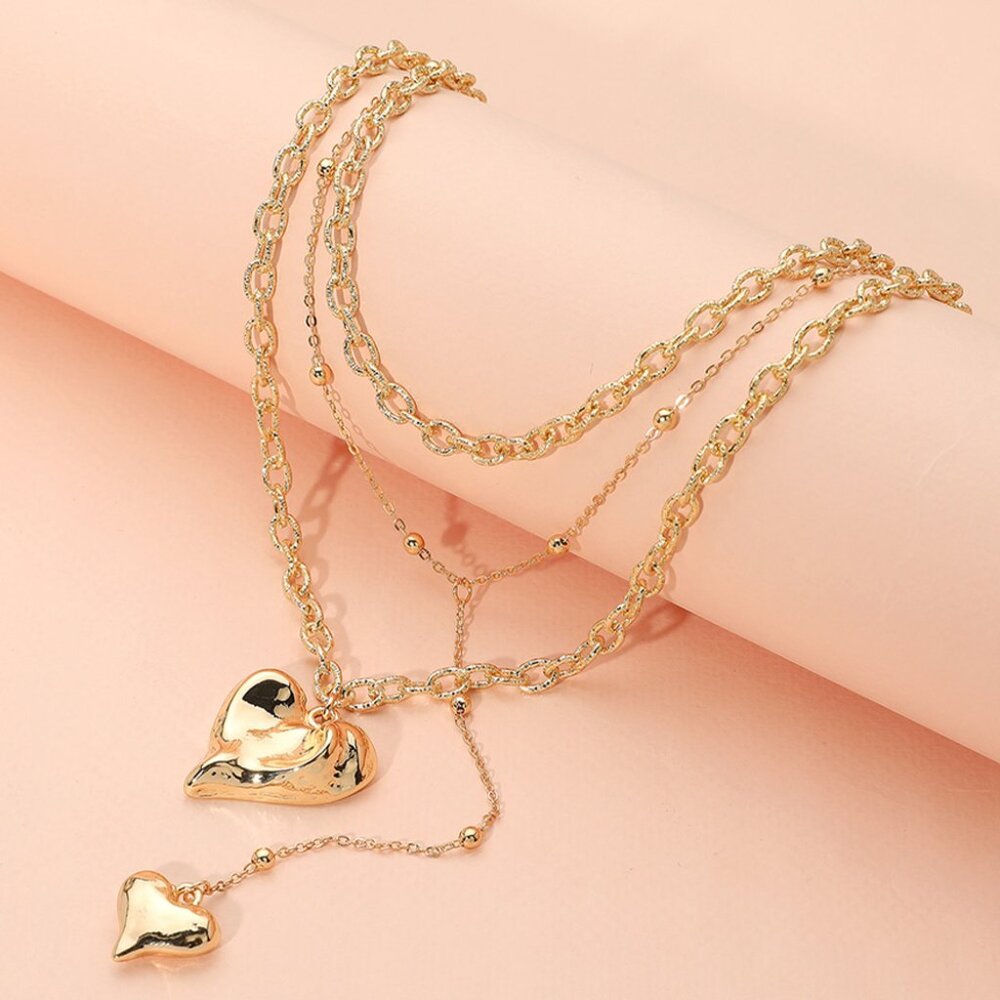NEW 14K Gold Dip Metal Heart Pendant Layered Textured Charm Chain Link Necklace